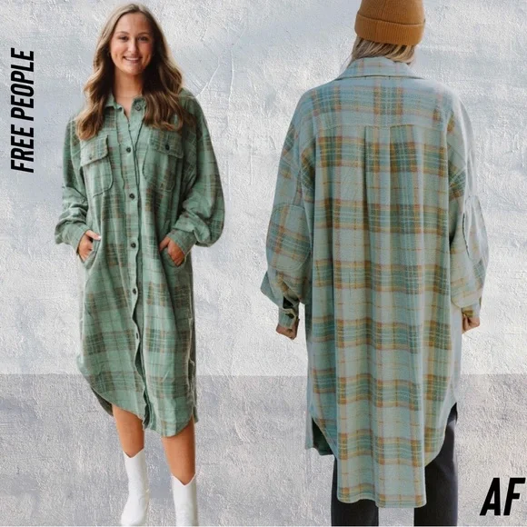 FREE PEOPLE LONG RUBY PLAID JACKET IN GREEN COMBO NEW LARGE - Picture 1 of 8